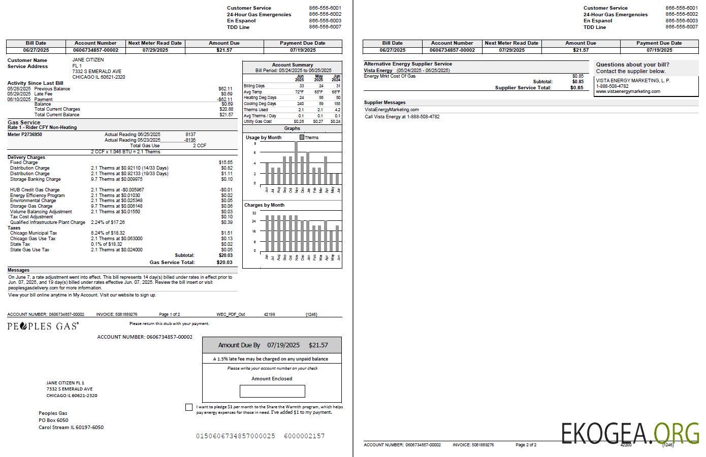 USA Peoples Gas utility bill template in Word and PDF formats, 2 pages